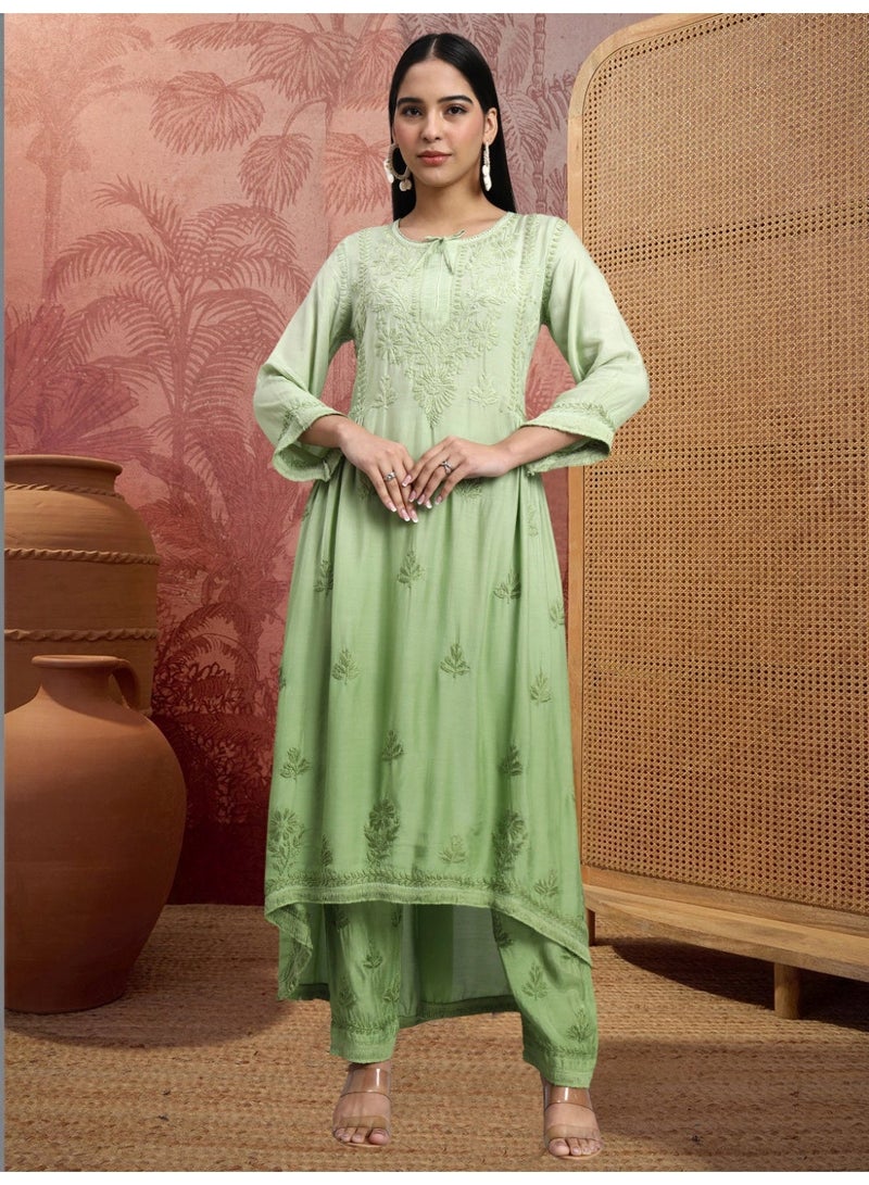 الايا طقم كورتا موسلين مطرز يدويًا بتدرج لوني شيكانكاري - Image 2